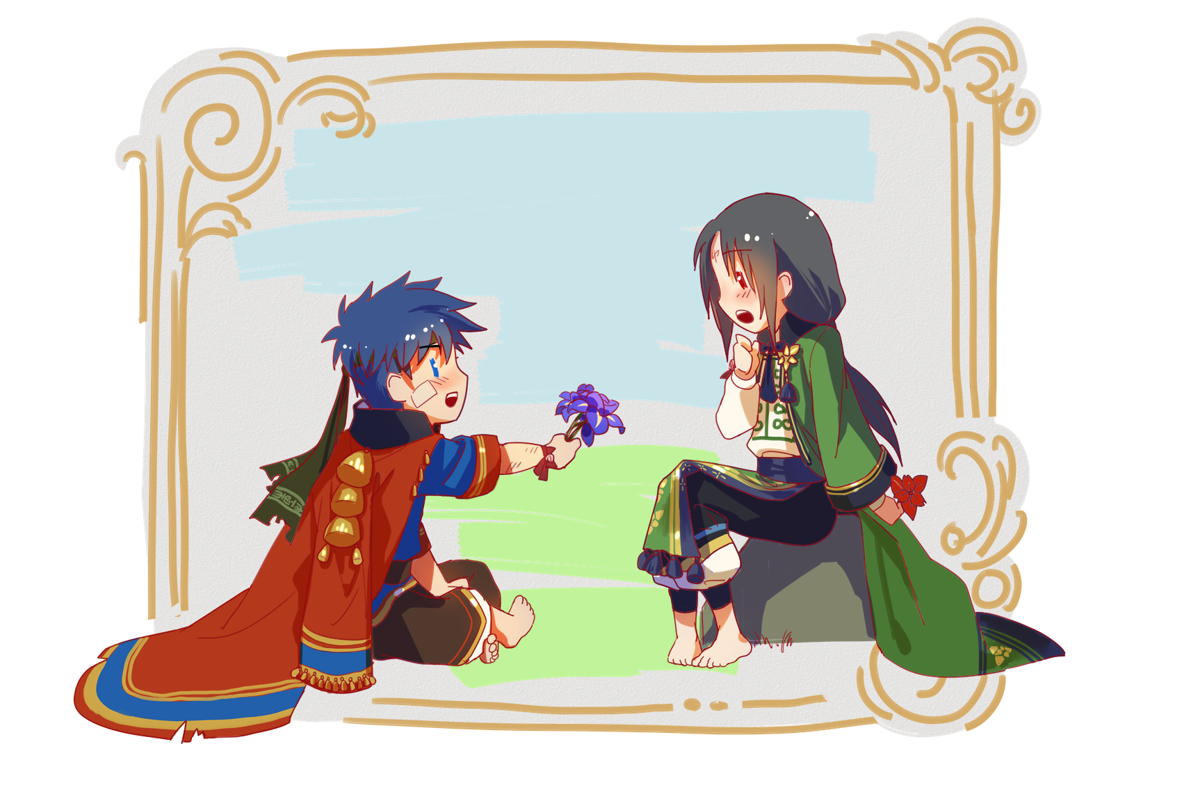 novice (o novice), ike (fire emblem), ike (valentine) (fire emblem), soren (fire emblem), soren (valentine) (fire emblem), fire emblem, fire emblem: path of radiance, fire emblem heroes, nintendo, highres, 2boys, barefoot, black hair, blue eyes, blue hair, coat, coat on shoulders, deformed, facial mark, flower, forehead mark, giving, giving flower, indian style, long hair, male focus, multiple boys, official alternate costume, red eyes, short hair, sitting, yaoi