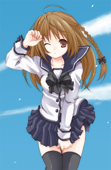 kubyou azami, original, 1girl, brown eyes, brown hair, day, female focus, long hair, miniskirt, one eye closed, school uniform, serafuku, skirt, sky, solo, thighhighs, wink, zettai ryouiki