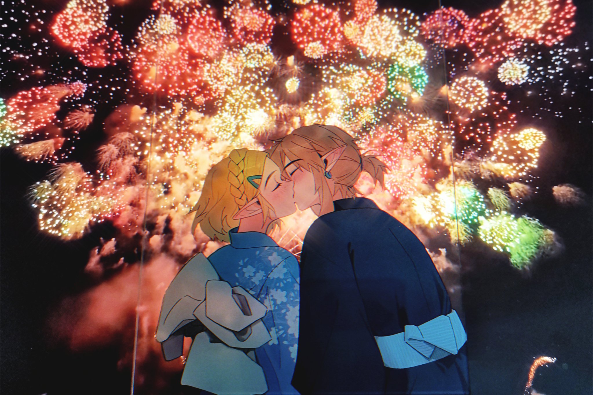 yuemianning, link, princess zelda, nintendo, the legend of zelda, the legend of zelda: breath of the wild, highres, 1boy, 1girl, blue kimono, blush, braid, closed eyes, couple, crown braid, earrings, fireworks, floral print, floral print kimono, hair between eyes, hair ornament, hair tie, hairclip, hetero, japanese clothes, jewelry, kimono, kiss, parted bangs, pointy ears, ponytail, print kimono, short hair, sidelocks, upper body