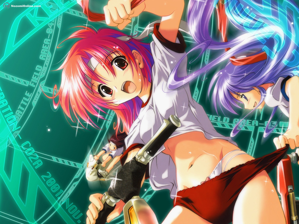 komatsu eiji, vehicle, 3girls, bow, bow panties, buruma, buruma pull, clothes pull, gym uniform, headband, motor vehicle, multiple girls, panties, pulling another's clothes, red hair, scooter, underwear, white panties