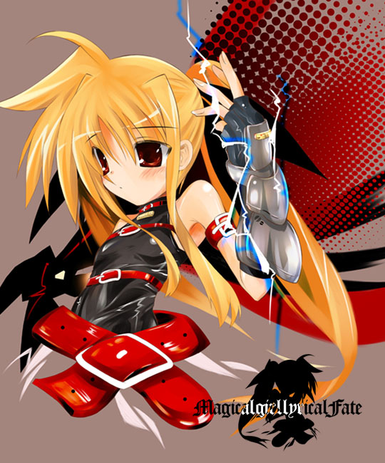 yamaguchi shinnosuke, bardiche (nanoha), fate testarossa, fate testarossa (lightning form), lyrical nanoha, mahou shoujo lyrical nanoha, mahou shoujo lyrical nanoha a's, 00s, 1girl, blonde hair, blush, elecpid, electricity, female focus, fingerless gloves, gloves, lightning, long hair, magical girl, red eyes, solo, twintails