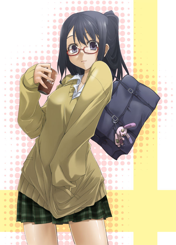 minakuchi takashi, original, 1girl, bag, blue eyes, blue hair, can, female focus, glasses, hand in pocket, long sleeves, matching hair/eyes, plaid clothes, plaid skirt, pleated skirt, ponytail, school uniform, serafuku, shoulder bag, skirt, sleeves past wrists, solo, sweater