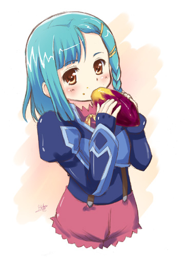 tougarashi hideyu, limone (simoun), simoun, lowres, 00s, 1girl, aqua hair, blush, braid, brown eyes, cropped legs, eating, female focus, food, hair ornament, potato, solo, suspenders, sweet potato