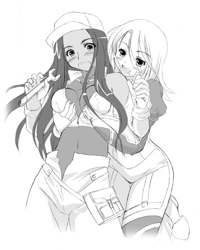 tougarashi hideyu, morinas (simoun), waporif (simoun), simoun, lowres, 00s, 2girls, :d, :o, bare shoulders, belt, belt pouch, belt skirt, blush, bodysuit, boots, breasts, breasts apart, clothing cutout, covered navel, cowboy shot, eyes visible through hair, fingerless gloves, garter straps, gloves, grabbing another's breast, grabbing from behind, greyscale, groping, halterneck, happy, hat, head tilt, high collar, holding, jacket, leg lift, long hair, long sleeves, looking at another, looking down, mole, mole under mouth, monochrome, multiple girls, naughty face, navel cutout, open fly, open mouth, pouch, puffy sleeves, shouting, simple background, sleeves past wrists, smile, standing, standing on one leg, surprised, surprised arms, swept bangs, thighhighs, trap, turtleneck, unzipped, white background, wrench, yuri, zipper