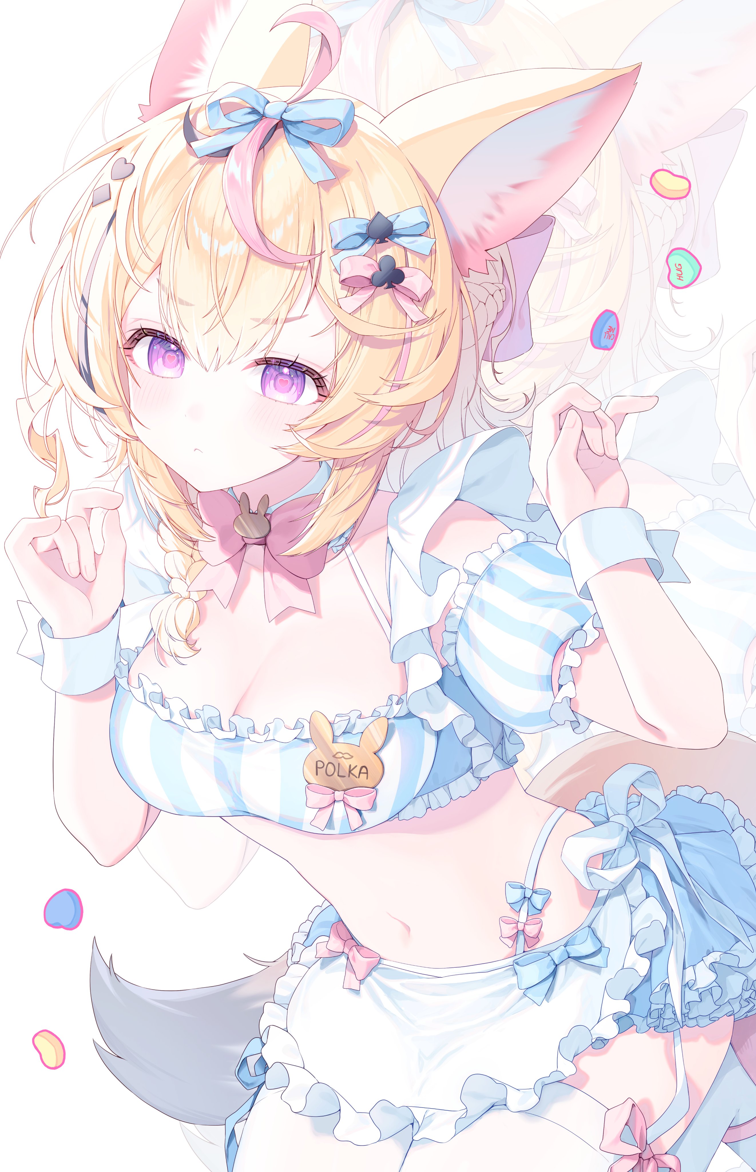 kio is here, omaru polka, hololive, absurdres, highres, 1girl, animal ear fluff, animal ears, animal print, apron, bikini, bikini skirt, blonde hair, blue bikini, blue skirt, bow, bowtie, braid, breasts, cleavage, club hair ornament, detached sleeves, diamond hair ornament, employee uniform, english text, fox ears, fox girl, fox tail, frilled apron, frilled bikini, frills, hair ornament, hair ribbon, hands up, heart, heart hair ornament, heart in eye, jersey maid, large breasts, leaning forward, leg ribbon, light frown, looking at viewer, maid, maid bikini, midriff, miniskirt, name tag, navel, pink ribbon, puffy sleeves, purple eyes, rabbit print, ribbon, short hair, side braid, simple background, skirt, spade hair ornament, stomach, striped bikini, striped clothes, swimsuit, symbol in eye, tail, thigh ribbon, thigh strap, thighhighs, unconventional maid, virtual youtuber, white apron, white background, white thighhighs, white wrist cuffs, wrist cuffs