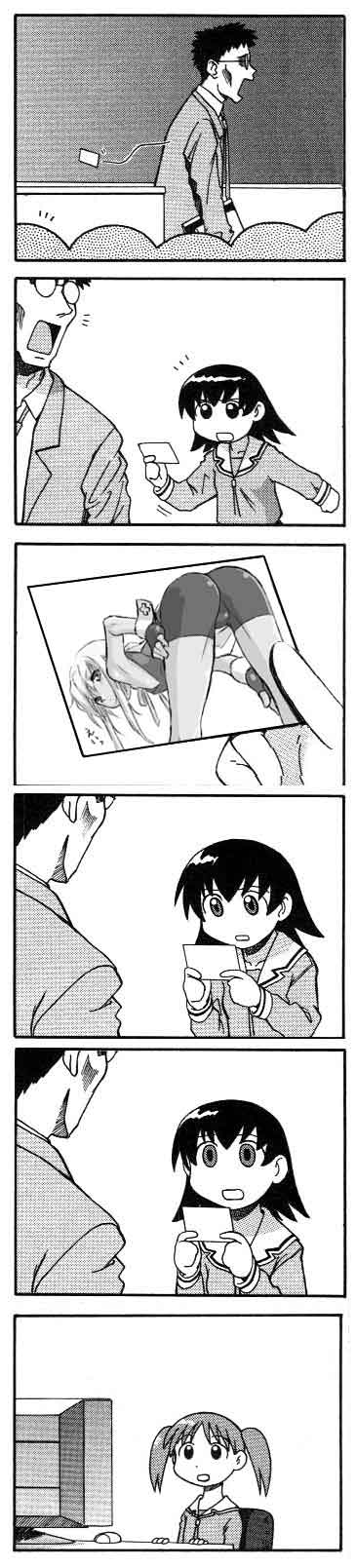 azuma kiyohiko, dr.p, bridget (guilty gear), kimura, mihama chiyo, takino tomo, arc system works, azumanga daiou, guilty gear, character request, highres, jpeg artifacts, long image, tall image, third-party edit, 1boy, 2girls, black hair, comic, computer, crossdressing, glasses, greyscale, monochrome, multiple girls, opaque glasses, round eyewear, short twintails, teacher, trap, twintails