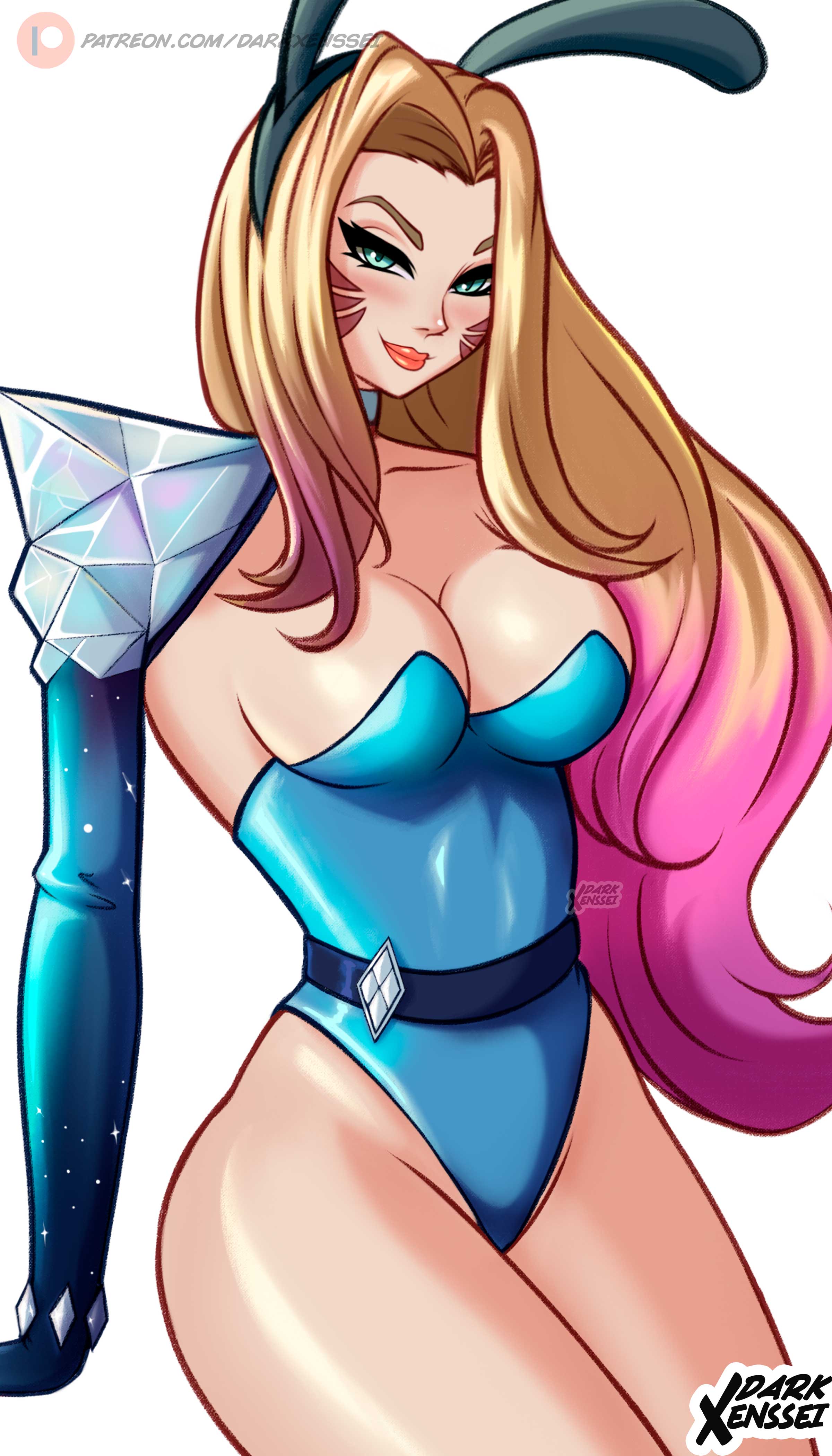darkxenssei, ahri (league of legends), k/da (league of legends), k/da all out ahri, league of legends, original, absurdres, highres, breasts, elbow gloves, gloves, leotard, playboy bunny, rabbit girl, thighs