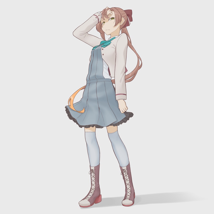 kito 3 tyoki-tyoki, akigumo (kancolle), akigumo kai ni (kancolle), kantai collection, 1girl, aqua bow, aqua bowtie, bow, bowtie, breasts, brown hair, gradient hair, green eyes, grey thighhighs, hair ribbon, long hair, long sleeves, medium breasts, mole, mole under eye, multicolored hair, ponytail, ribbon, school uniform, thighhighs, very long hair