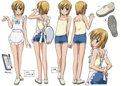yoshiten, pico (boku no pico), boku no pico, lowres, 00s, 1boy, apron, arms behind back, back, blonde hair, blush, camisole, clipboard, crossdressing, crossdressing (mtf), denim, denim shorts, green eyes, looking back, male focus, multiple views, pen, reference sheet, shoes, shorts, shota, smile, thigh gap, thighs, trap, tray, turnaround, waitress, waving