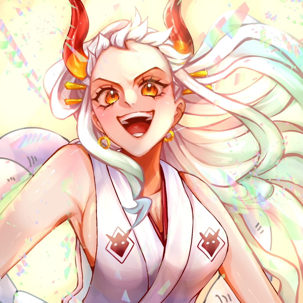 yamato (one piece), one piece, commentary request, highres, 1girl, akasama0215, aqua hair, breasts, earrings, floating hair, glint, hair ornament, hoop earrings, horns, japanese clothes, jewelry, kimono, looking at viewer, open mouth, orange eyes, orange hair, sideboob, sidelocks, sleeveless, sleeveless kimono, smile, solo, upper body, white hair