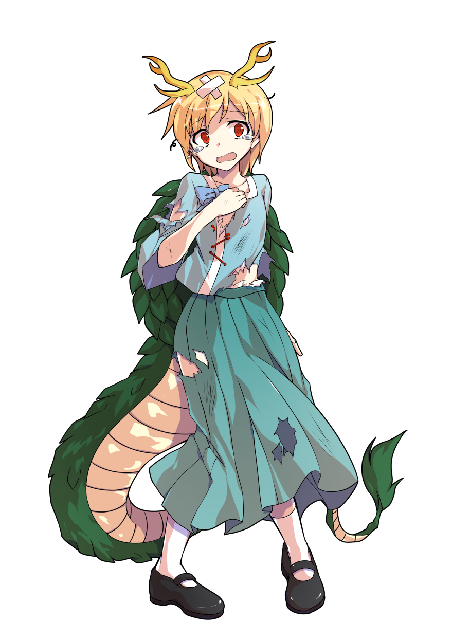 dairi, kicchou yachie, touhou, commentary request, highres, large variant set, variant set, 1girl, alphes (style), antlers, aqua skirt, bandaid, black shoes, blonde hair, blue bow, blue shirt, blush, bow, collarbone, defeat, dragon girl, dragon horns, dragon tail, full body, hand on own chest, horns, long skirt, mary janes, parody, pleated skirt, scratches, shirt, shoes, short hair, skirt, socks, solo, standing, style parody, tachi-e, tail, torn clothes, torn shirt, torn skirt, transparent background, turtle shell, white socks