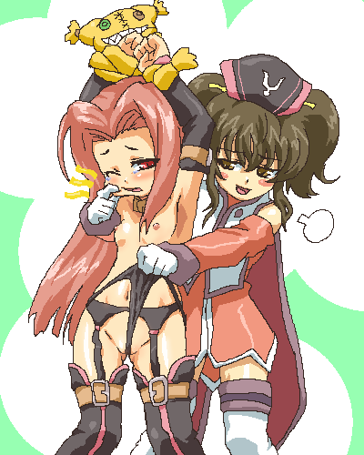 anise tatlin, arietta (tales), tales of (series), tales of the abyss, lowres, 00s, 2girls, bdsm, black panties, bullying, frontal wedgie, garter belt, giving wedgie, lingerie, loli, multiple girls, panties, panty lift, thighhighs, topless female, underwear, wedgie, yuri