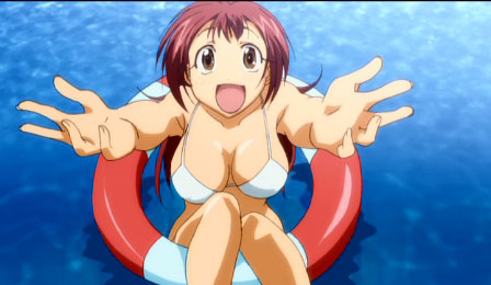 nanbu chitose, amaenaideyo!!, anime screenshot, lowres, 00s, 1girl, afloat, bikini, breasts, brown eyes, cleavage, female focus, innertube, large breasts, long hair, open mouth, outdoors, pink hair, reaching, sky, solo, swim ring, swimsuit, water, white bikini