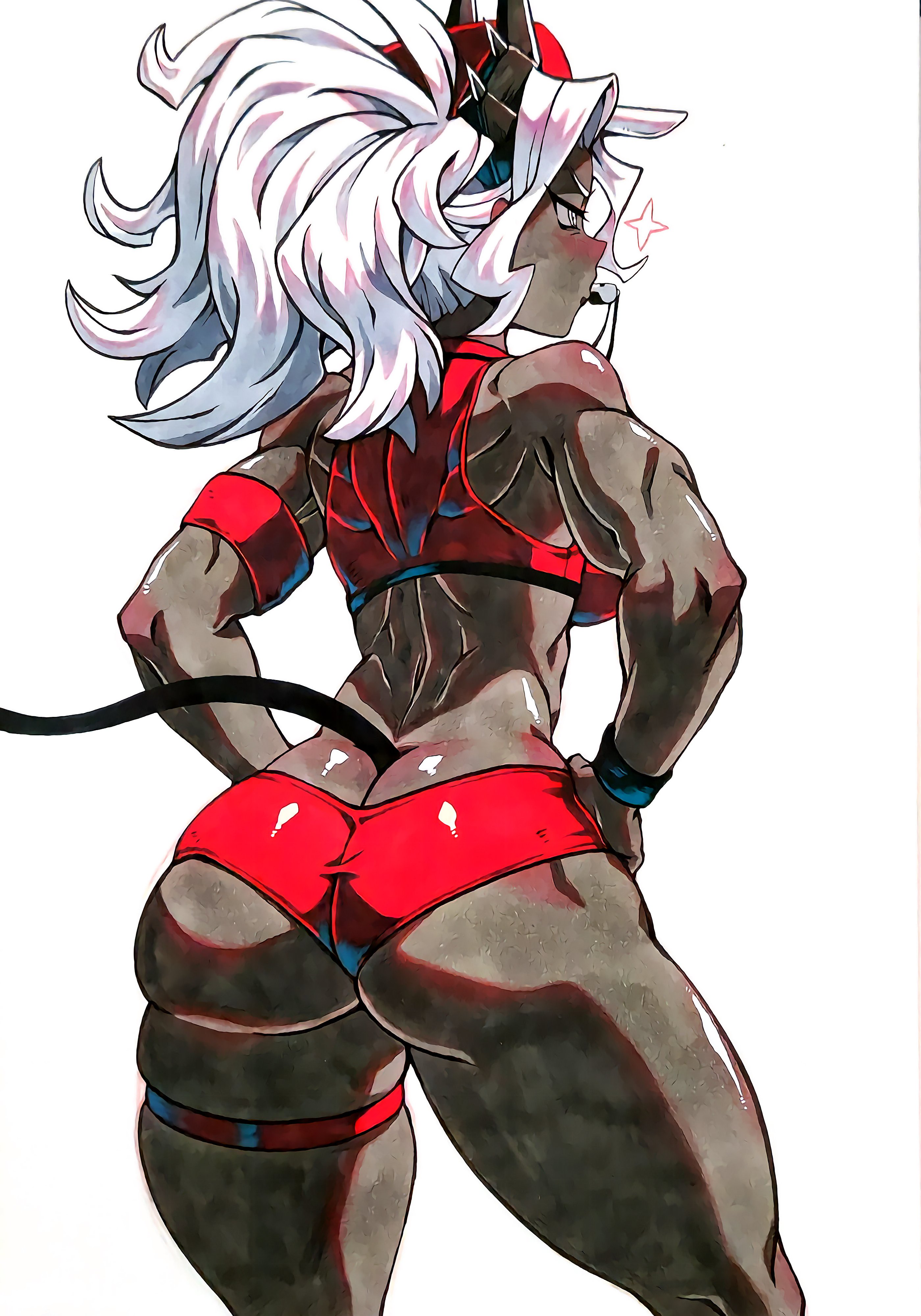 black giraffe, judgement (helltaker), helltaker, absurdres, commentary, english commentary, highres, 1girl, alternate costume, armband, ass, back, bare shoulders, black tail, breasts, cowboy shot, crop top, dark-skinned female, dark skin, demon girl, demon horns, demon tail, from behind, hands on own hips, horns, lifeguard, long hair, median furrow, micro shorts, mouth hold, muscular, muscular female, red armband, red shorts, shorts, simple background, solo, tail, thigh strap, whistle, white background, white eyes, white hair