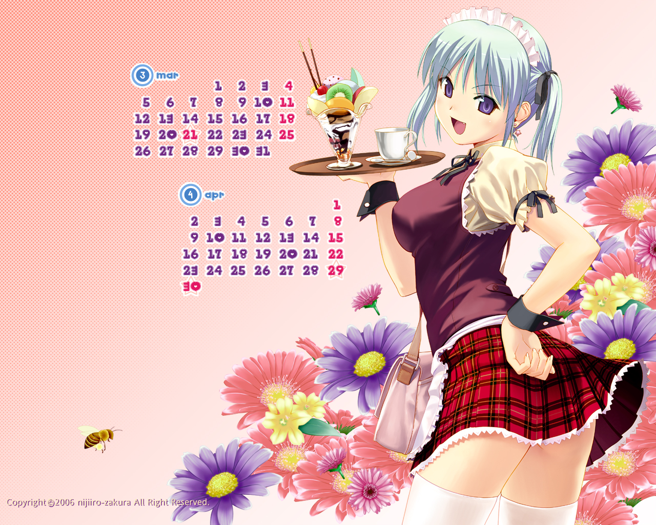 koutaro, original, plaid, non-web source, 00s, 1girl, 2007, april, bag, calendar, cup, earrings, fang, female focus, flower, food, ice cream, jewelry, march, miniskirt, pocky, school uniform, skirt, solo, teacup, thighhighs, tray, twintails, waitress, white thighhighs, wrist cuffs, zettai ryouiki