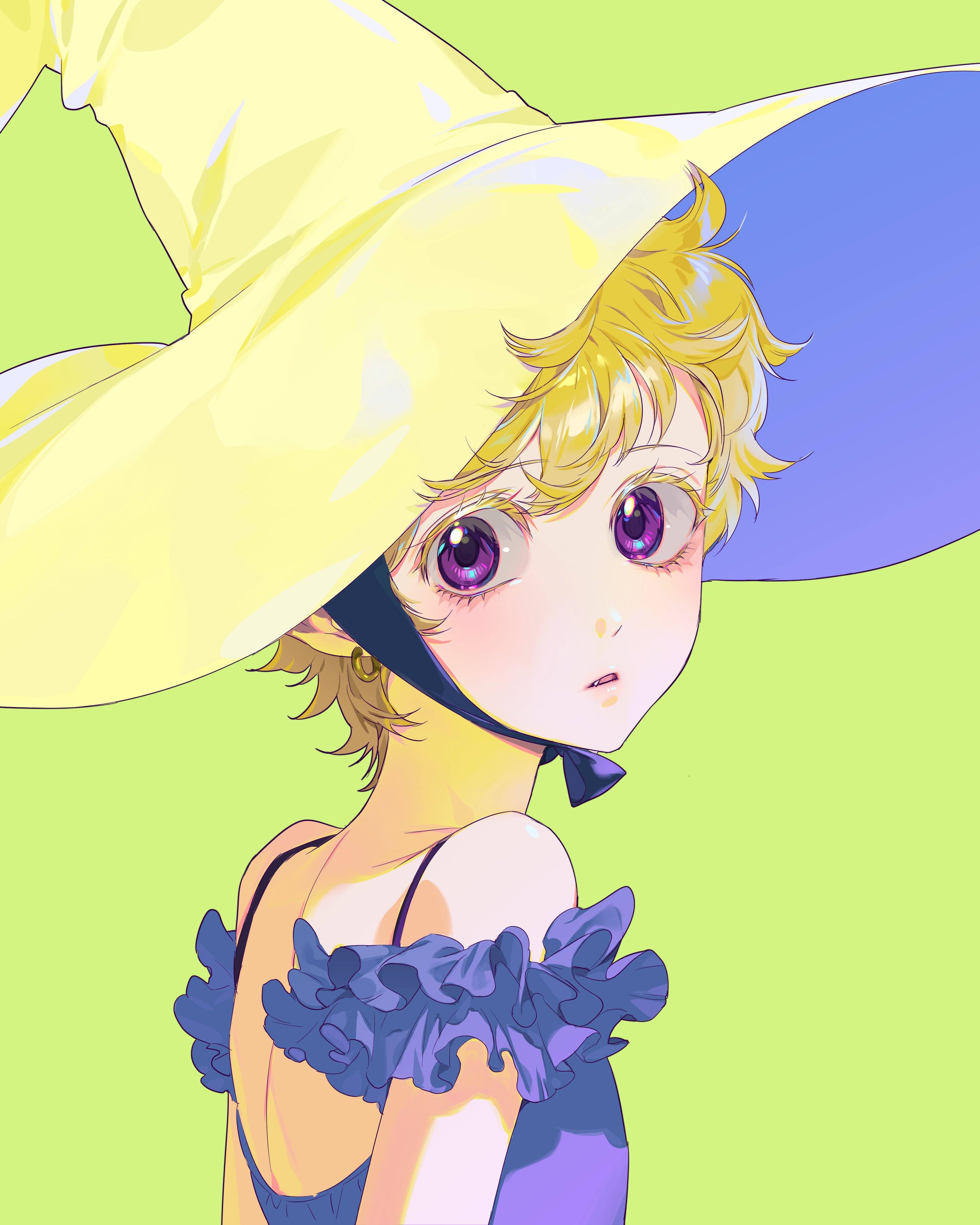 asae (1313604a), vanilla mieux, sugar sugar rune, absurdres, highres, 1girl, blonde hair, earrings, eyelashes, fang, green background, hat, jewelry, looking back, parted lips, purple eyes, short hair, simple background, solo, upper body, witch hat, yellow hat