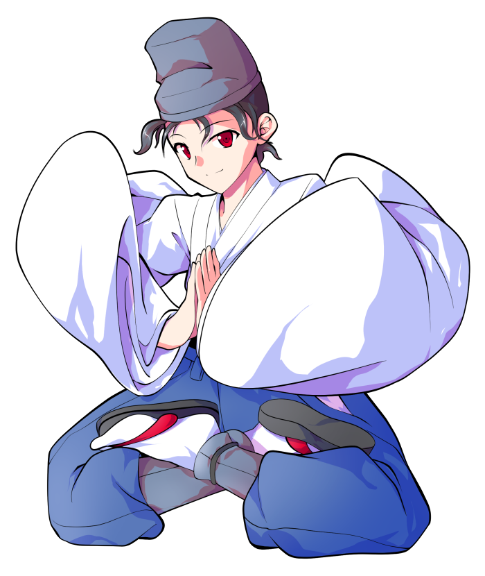 dairi, shingyoku (male), shingyoku (touhou), touhou, touhou (pc-98), commentary request, large variant set, variant set, 1boy, alphes (style), black hair, black sandals, blue pants, full body, grey hat, hat, japanese clothes, long sleeves, male focus, own hands together, pants, parody, sandals, short hair, socks, solo, style parody, tabi, tachi-e, tate eboshi, transparent background, white socks, wide sleeves