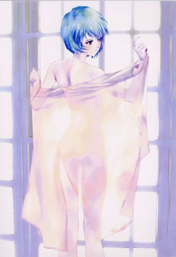 mikimoto haruhiko, ayanami rei, neon genesis evangelion, 1girl, backlighting, blue hair, female focus, nude, pale skin, red eyes, robe, see-through clothes, short hair, solo