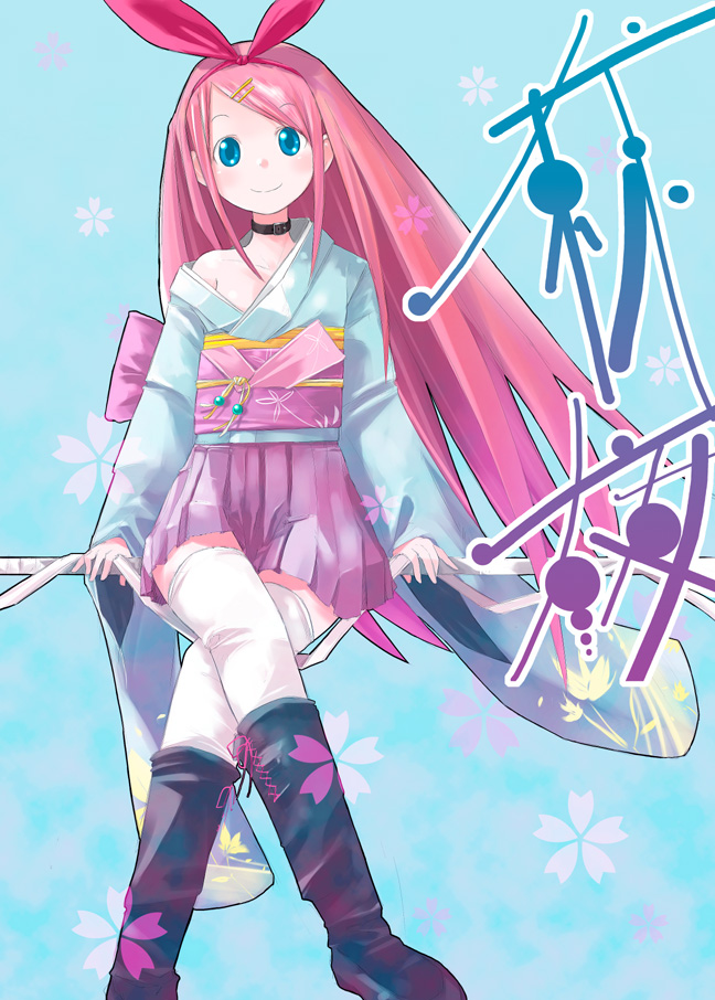 shiba yuusuke, original, blue eyes, boots, collar, hair ornament, hairclip, japanese clothes, kimono, kimono skirt, long hair, pink hair, polyzm, solo, thighhighs