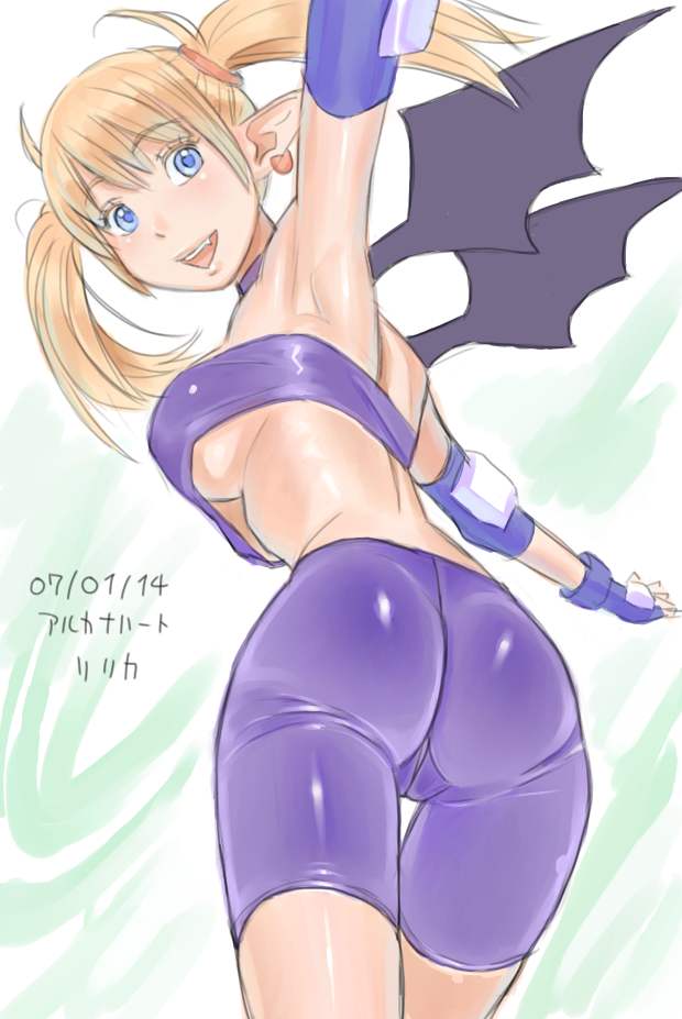 zenkou, lilica felchenerow, aq interactive, arcana heart, atlus, examu, 1girl, armpits, ass, blonde hair, blue eyes, breasts, cameltoe, demon girl, female focus, looking back, pointy ears, solo, spandex, twintails, underboob, upshirt, wings