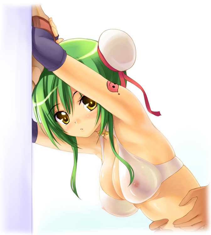 akamaru, poring, ragnarok online, 1girl, against wall, armpits, arms up, bra, breasts, bun cover, cleavage, covered erect nipples, double bun, female focus, green hair, hair bun, hairpods, leaning forward, lingerie, nipples, see-through clothes, solo, tattoo, torso grab, underwear, yellow eyes