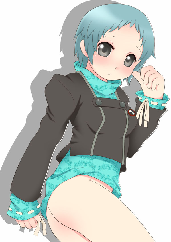 kurappii, yamagishi fuuka, atlus, persona, persona 3, 1girl, blue hair, bottomless, female focus, grey eyes, no panties, school uniform, serafuku, short hair, solo