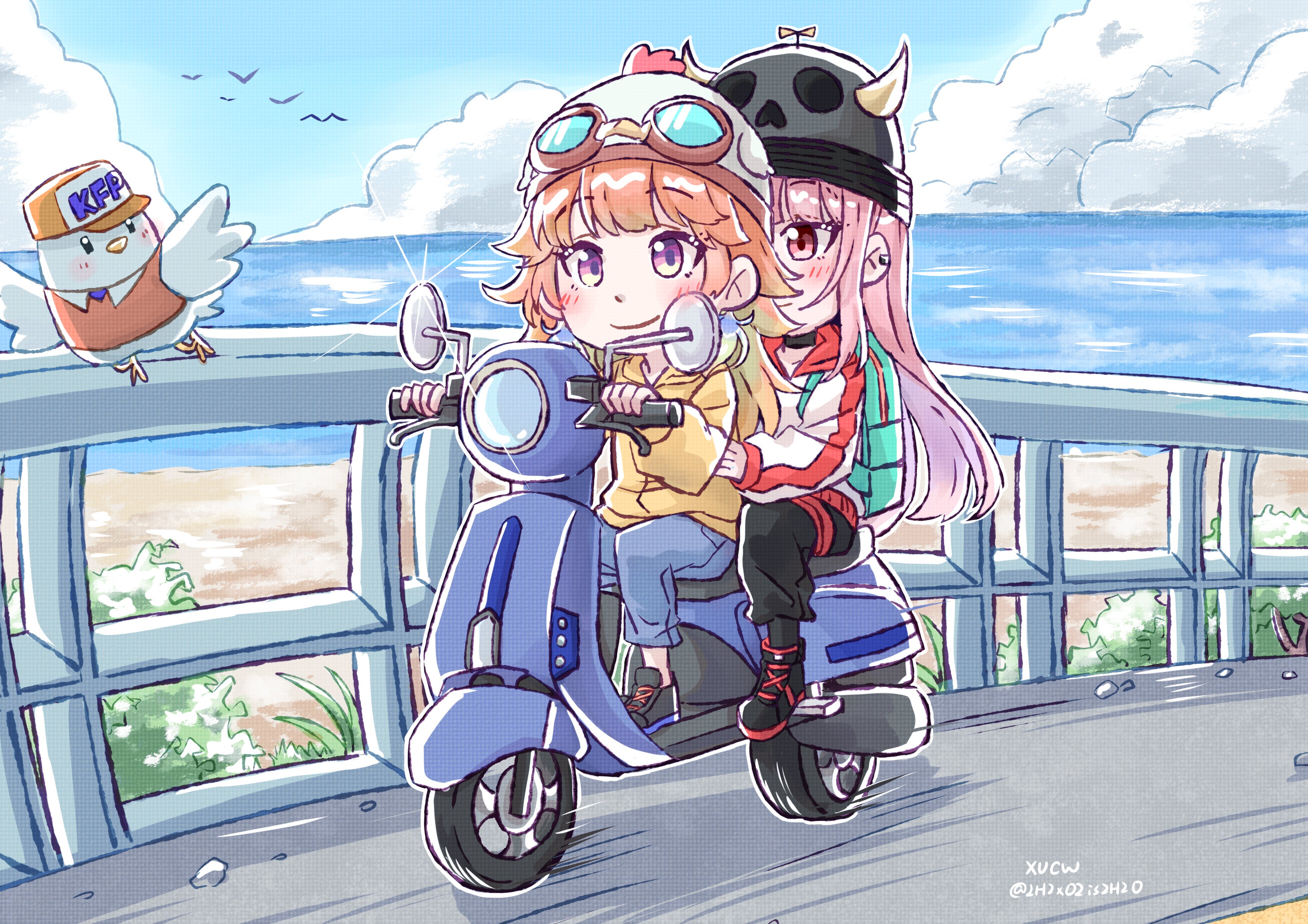 xu chin-wen, mori calliope, takanashi kiara, hololive, hololive english, vespa, absurdres, highres, 2girls, alternate costume, blush, breasts, couple, driving, earrings, feather earrings, feathers, goggles, goggles on headwear, gradient hair, helmet, jewelry, large breasts, long hair, motor vehicle, motorcycle helmet, multicolored hair, multiple girls, multiple riders, on scooter, orange hair, pink hair, purple eyes, red eyes, riding, riding scooter, scooter, shirt, smile, virtual youtuber, yuri