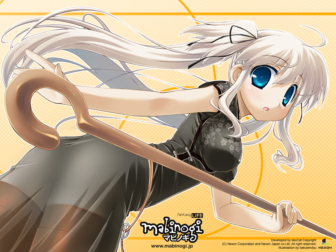 bakutendou, nao (mabinogi), mabinogi, 1girl, aqua eyes, blue eyes, blush, bow, china dress, chinese clothes, dress, female focus, hair ribbon, long hair, open mouth, ribbon, rod, see-through clothes, solo, staff, thighhighs, twintails, white hair