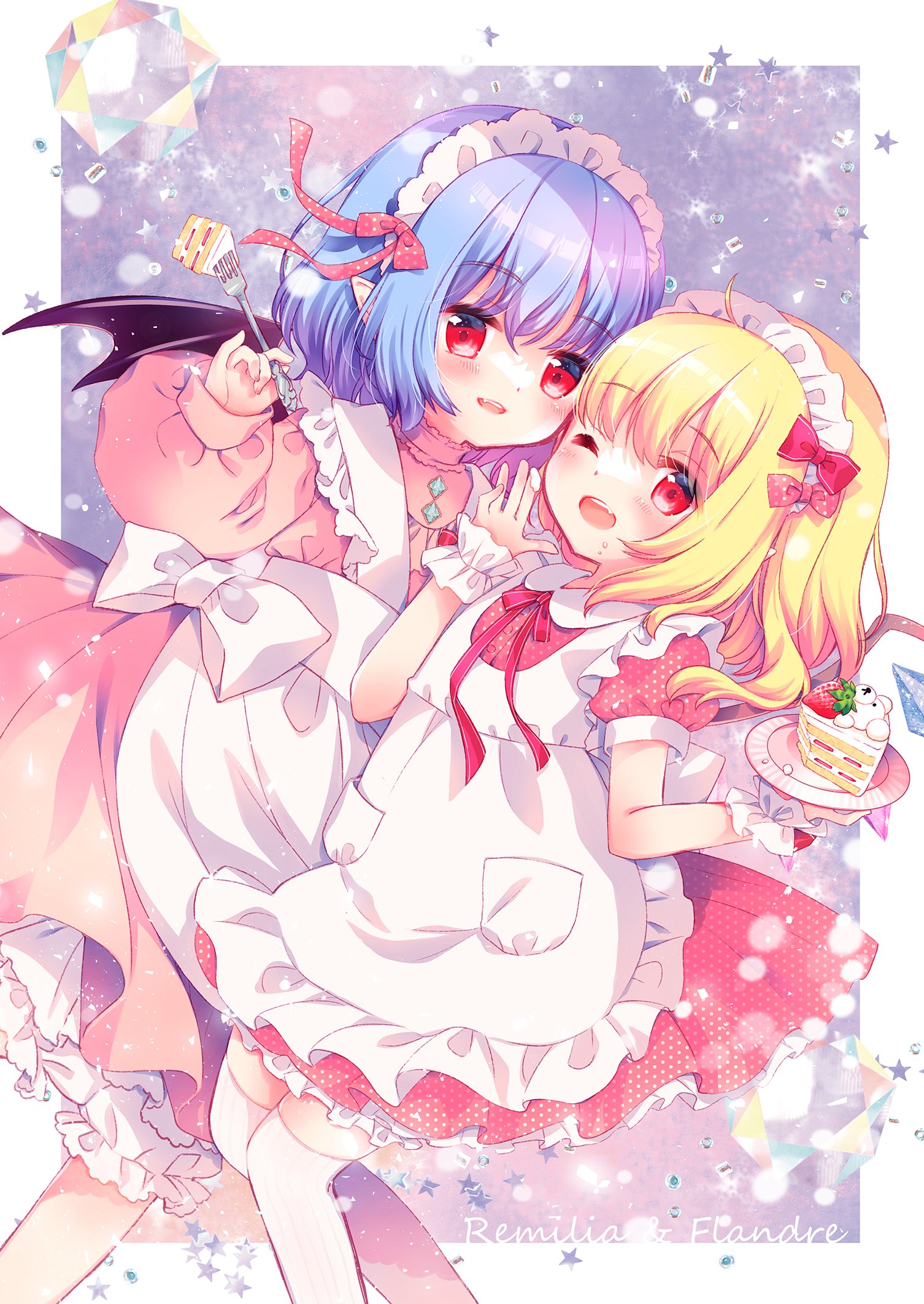 aogiri sei, flandre scarlet, remilia scarlet, touhou, highres, 2girls, :d, ;d, alternate costume, apron, bat wings, blonde hair, blue eyes, bow, cake, cake slice, character name, dress, enmaided, fang, food, fork, fruit, hair bow, holding, holding fork, long sleeves, maid, maid headdress, medium hair, multiple girls, neck ribbon, one eye closed, open mouth, pink bow, pink dress, pocket, pointy ears, puffy long sleeves, puffy short sleeves, puffy sleeves, red bow, red eyes, red ribbon, ribbon, short sleeves, siblings, sisters, smile, strawberry, strawberry shortcake, white apron, white bow, wings, wrist cuffs
