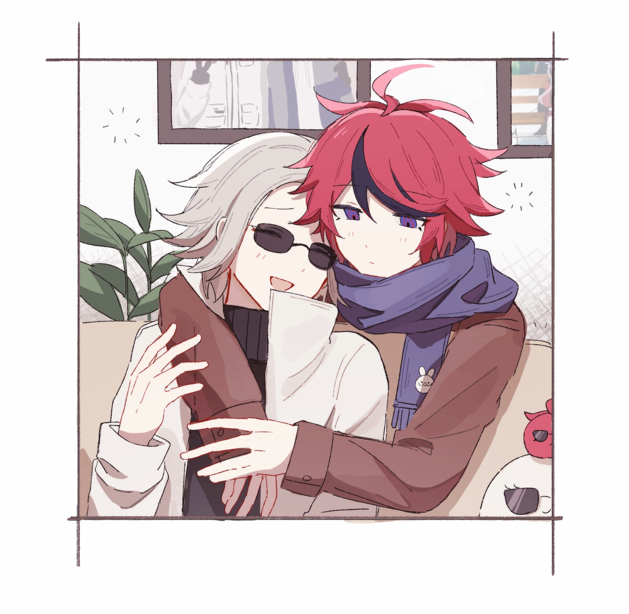aotsuki eito, sumino takumi, the hundred line -last defense academy-, highres, 2boys, :d, ahoge, alternate costume, animal print, animalization, black coat, black streaks, black sweater, blue eyes, coat, couch, facing another, foodification, glasses, grey hair, hug, hug from behind, indoors, jacket, looking down, male focus, multicolored hair, multiple boys, on couch, open mouth, painting (object), plant, qiming zhende hao nan, rabbit print, red hair, short hair, smile, streaked hair, sunglasses, sweater, white jacket
