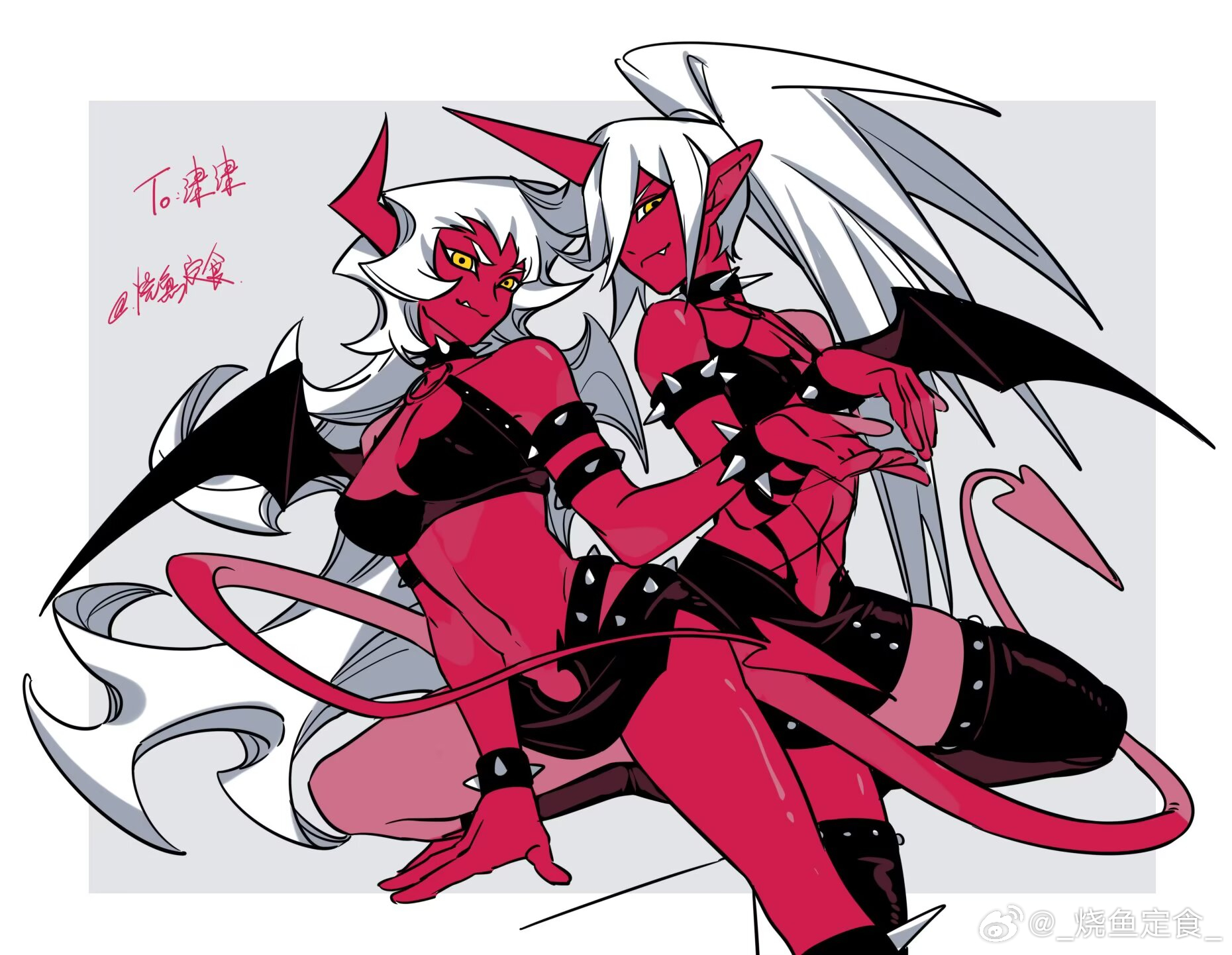 kneesocks (psg), scanty (psg), panty & stocking with garterbelt, highres, 2girls, blue hair, breasts, colored skin, demon girl, demon horns, demon wings, green hair, horns, large breasts, long hair, looking at viewer, medium breasts, multiple girls, red skin, revealing clothes, weibo 5850476488, wings, yuri
