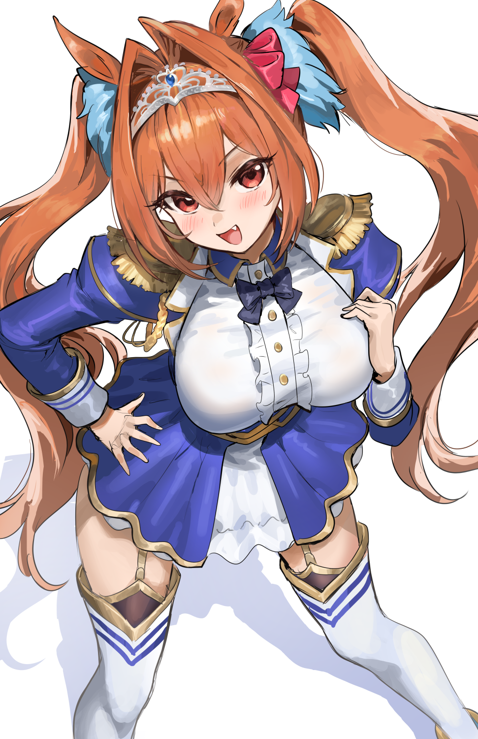 athenawyrm, daiwa scarlet (umamusume), umamusume, commentary request, highres, 1girl, animal ears, arm up, black bow, black bowtie, blue gemstone, blue jacket, blue skirt, bow, bowtie, breasts, brown hair, buttons, cowboy shot, frills, gem, hair between eyes, hair intakes, hair ornament, hand on own hip, horse ears, horse girl, jacket, juliet sleeves, large breasts, long hair, long sleeves, looking at viewer, open clothes, open jacket, pink ribbon, puffy sleeves, red eyes, ribbon, sidelocks, simple background, skirt, solo, standing, tiara, twintails, white background, white hair