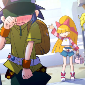 yoshi (crossmind), akazutsumi momoko, matsubara kaoru, cartoon network, powerpuff girls, powerpuff girls z, striped, lowres, 00s, 3girls, backpack, bag, belt, blonde hair, blue hair, blunt bangs, blush, bow, flat chest, hat, long hair, multiple girls, open mouth, orange hair, pink bow, shirt, shoes, short hair, shorts, socks, tomboy, waving, wristband