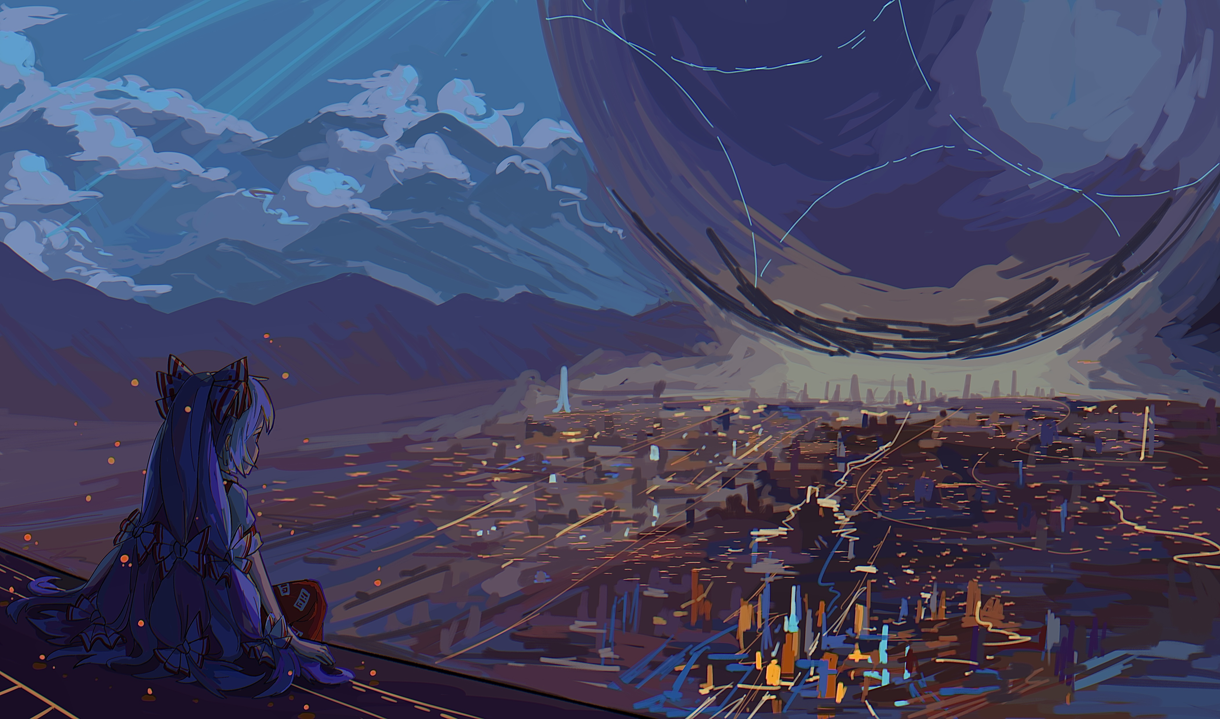 stunionjy, fujiwara no mokou, destiny (game), touhou, absurdres, commentary request, highres, 1girl, bow, cityscape, grey hair, hair bow, long hair, mountainous horizon, multiple hair bows, ofuda, ofuda on clothes, pants, red eyes, red pants, shirt, sitting, solo, suspenders, very long hair, white shirt