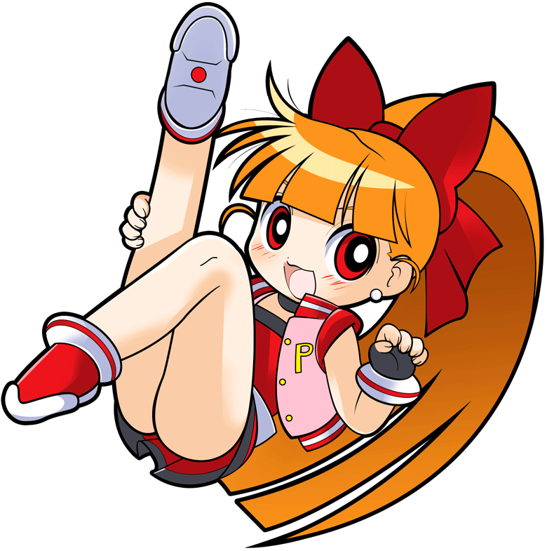 akazutsumi momoko, hyper blossom, powerpuff girls, powerpuff girls z, 00s, 1girl, :3, blunt bangs, bow, earrings, female focus, fingerless gloves, gloves, jacket, jewelry, leg lift, long hair, open mouth, orange hair, pleated skirt, ponytail, red eyes, shoes, skirt, solo, white background