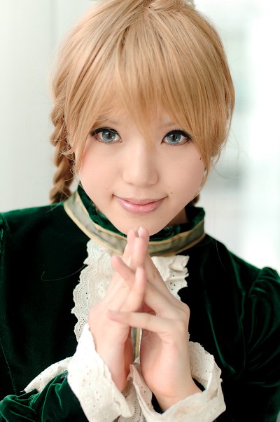 kipi-san, maki saori, maki saori (swk), real life, smash wo kimero!, cosplay photo, photo (medium), 1girl, asian, blonde hair, blue eyes, braid, color contacts, cosplay, female focus, frills, looking at viewer, maki saori (swk) (cosplay), mole, solo, twin braids