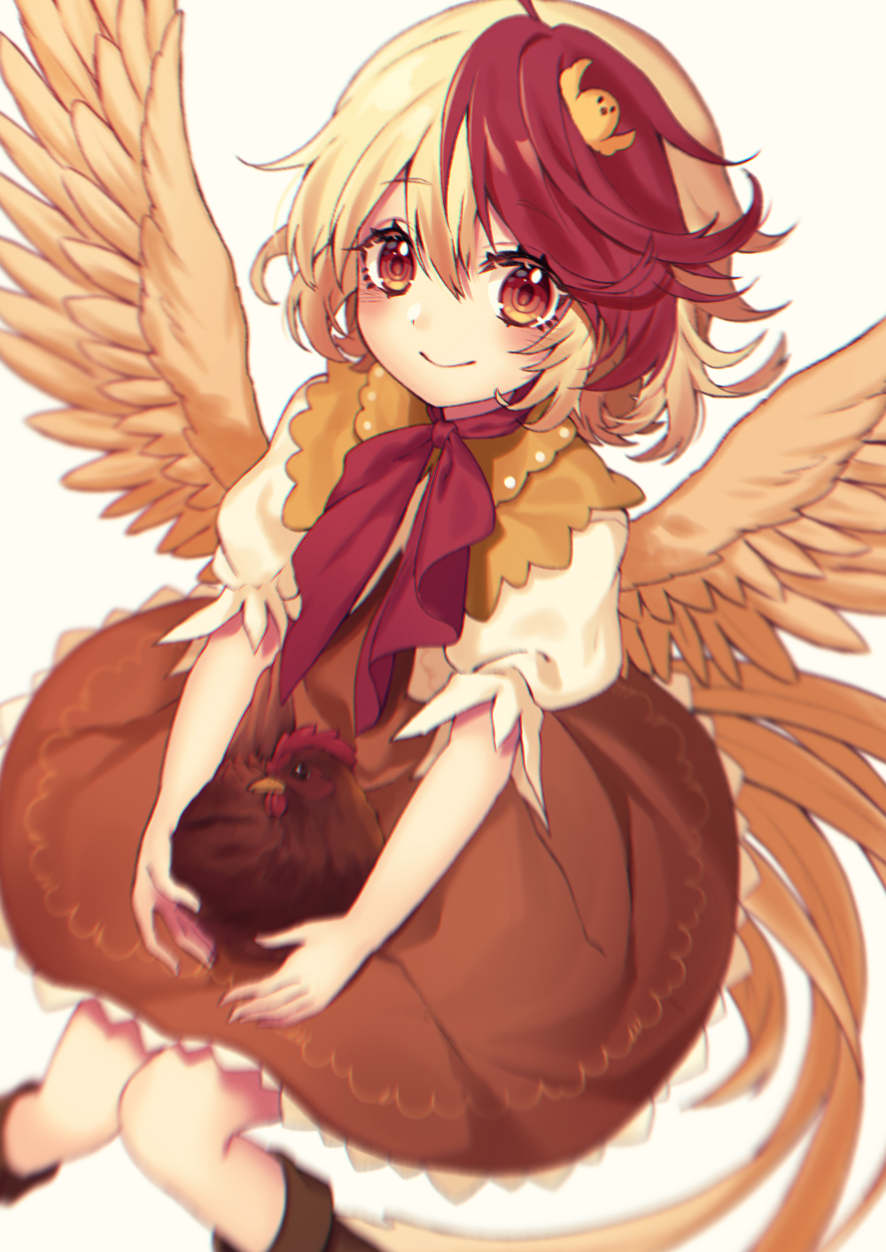kyouda suzuka, niwatari kutaka, touhou, commentary request, highres, 1girl, animal, animal on head, animal on lap, baby animal, bird, bird tail, blonde hair, boots, brown boots, brown skirt, chick, chicken, chicken girl, closed mouth, double-parted bangs, feathered wings, hair between eyes, looking at viewer, multicolored hair, neckerchief, on head, on lap, puffy short sleeves, puffy sleeves, red eyes, red hair, red neckerchief, shirt, short hair, short sleeves, simple background, skirt, smile, solo, tail, two-tone hair, white background, white shirt, wings