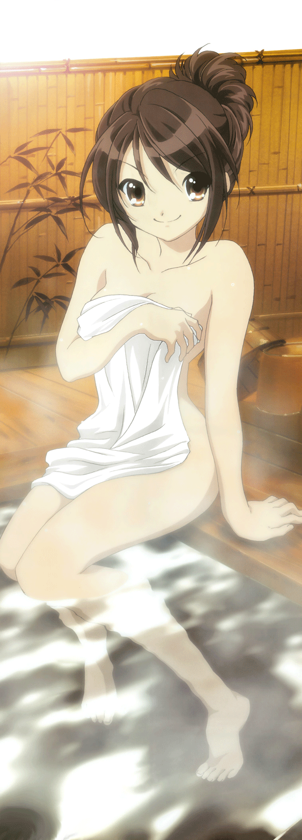 ikeda shouko, suzumiya haruhi, megami magazine, suzumiya haruhi no yuuutsu, breast hold, animated, animated gif, highres, long image, non-web source, official art, tall image, 00s, 1girl, alternate hairstyle, arm support, barefoot, blinking, breasts, brown eyes, brown hair, bucket, cleavage, completely nude, covering privates, feet, female focus, fence, hair between eyes, hair bun, leaf, legs, looking at viewer, medium breasts, naked towel, nude, nude cover, onsen, short hair, single hair bun, sitting, smile, soaking feet, solo, steam, stick poster, tiptoes, toes, topless female, towel, water, wet, wet hair, wooden bucket, wooden fence, wooden floor