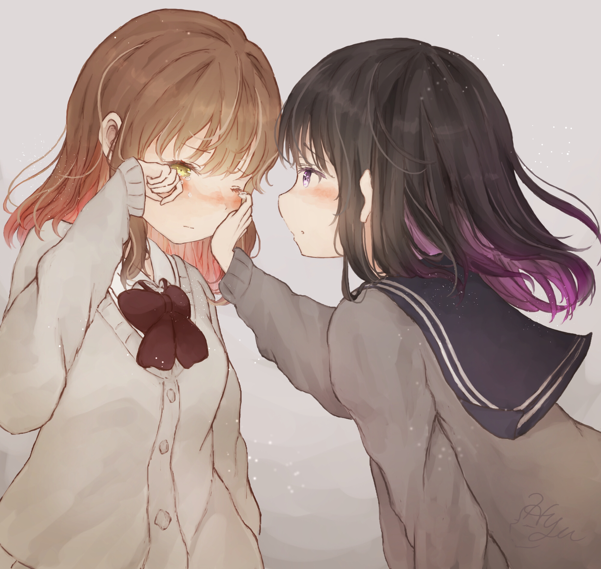 sumitokohyutan, original, commentary request, highres, 2girls, black bow, black bowtie, black hair, black sailor collar, blush, bow, bowtie, brown hair, cardigan, closed mouth, collared shirt, colored inner hair, comforting, crying, crying with eyes open, grey background, grey cardigan, hand on another's cheek, hand on another's face, hand up, long sleeves, medium hair, multicolored hair, multiple girls, nose blush, one eye closed, purple eyes, raised inner eyebrows, rubbing eyes, sailor collar, school uniform, shirt, signature, tears, white shirt, wing collar, yellow eyes