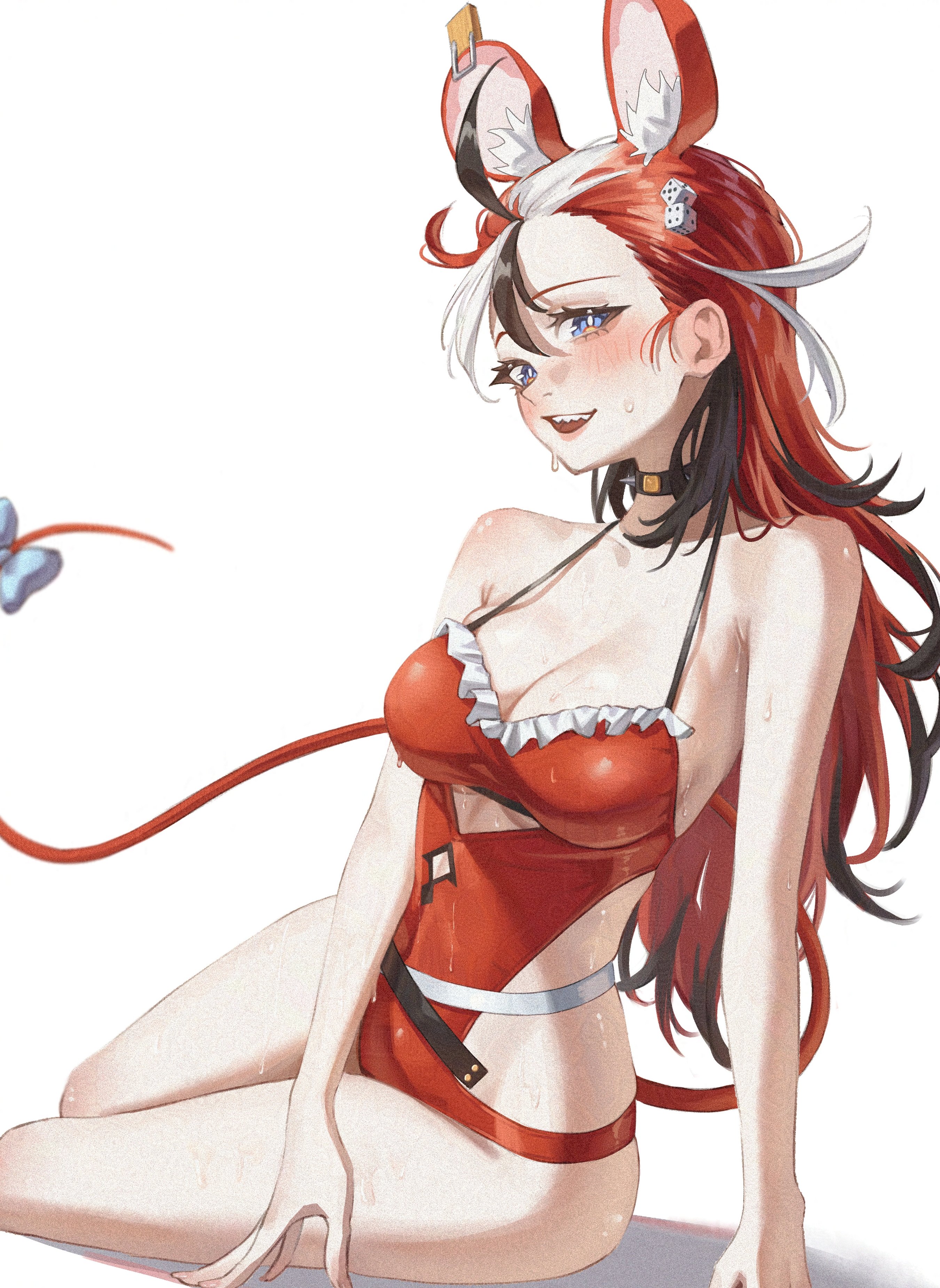 samukzz, hakos baelz, hakos baelz (holonatsu paradise), hololive, hololive english, holonatsu paradise, absurdres, highres, 1girl, animal ears, black hair, blue eyes, breasts, cleavage, colored tips, frilled one-piece swimsuit, frills, hair between eyes, long hair, looking at viewer, medium breasts, mouse ears, mouse girl, mouse tail, multicolored hair, official alternate costume, one-piece swimsuit, red hair, red one-piece swimsuit, simple background, sitting, solo, streaked hair, swimsuit, tail, virtual youtuber, white background, white hair
