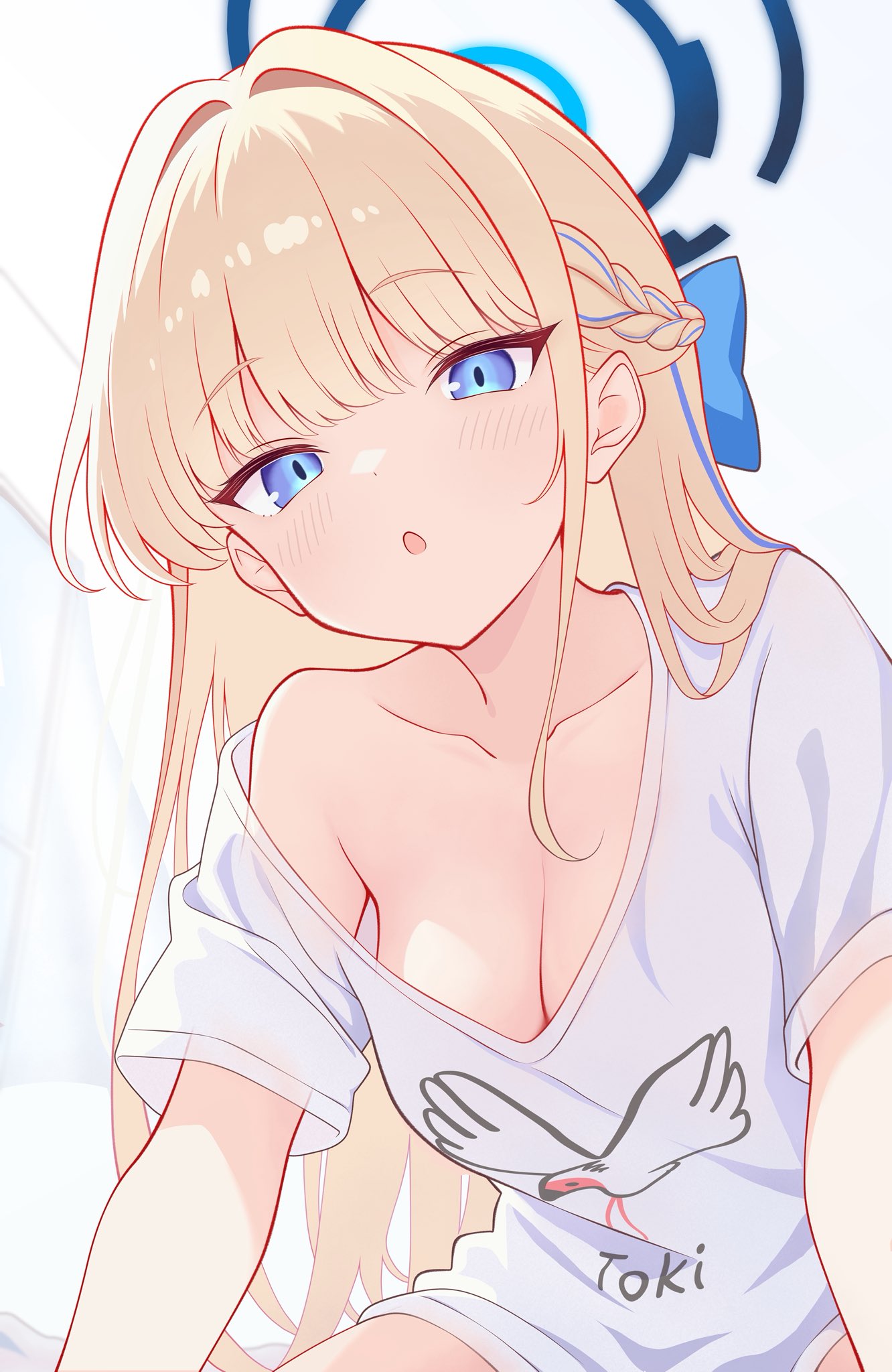 natsukage ao, toki (blue archive), blue archive, highres, 1girl, bird, blonde hair, blue eyes, blue halo, blue streaks, bow, braid, breasts, cleavage, collarbone, curtains, hair bow, halo, looking at viewer, medium breasts, off-shoulder shirt, off shoulder, open mouth, shirt, short sleeves, side braid, single bare shoulder, solo, t-shirt, window