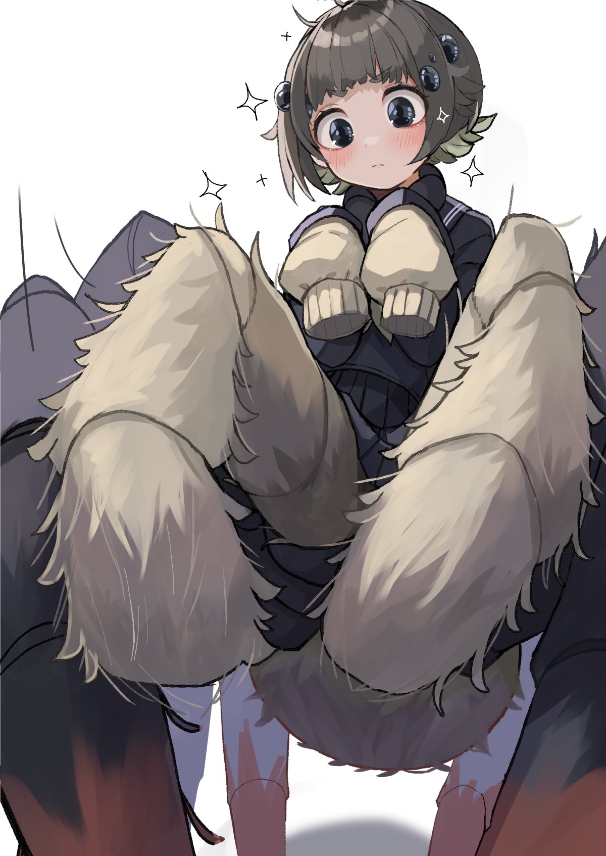 plan (planhaplalan), original, highres, 1girl, arachne, arthropod girl, blush, breasts, brown hair, extra eyes, insect girl, large breasts, long sleeves, looking at viewer, monster girl, sleeves past wrists, solo, sparkle, spider girl, taur
