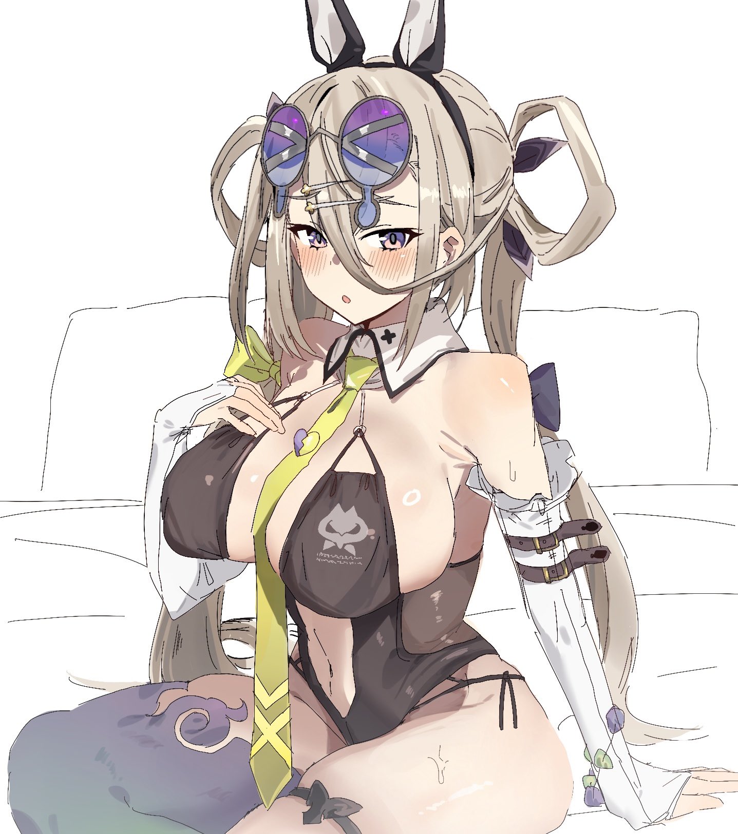 fuguukawaii, huyan zhuo (fate), huyan zhuo (swimsuit) (fate), fate/grand order, fate (series), highres, 1girl, animal ear hairband, animal ears, arm support, armband, bare shoulders, between breasts, black armband, black bow, black one-piece swimsuit, black trim, blush, bow, breasts, detached collar, detached sleeves, donkey ears, eyewear on head, fake animal ears, frilled sleeves, frills, green necktie, grey hair, hair bow, hair ornament, hair rings, hairband, hairpin, hand on own chest, highleg, highleg one-piece swimsuit, large breasts, long necktie, navel, necktie, necktie between breasts, novelty glasses, on bed, one-piece swimsuit, plunging neckline, purple eyes, side-tie swimsuit, single thighhigh, sitting, solo, sunglasses, sweat, swimsuit, thigh strap, thighhighs, yokozuwari