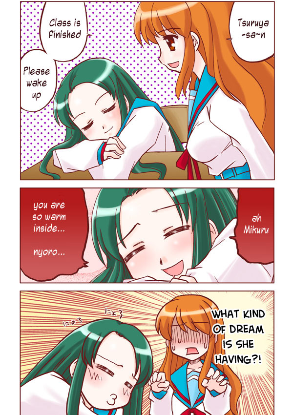kairakuen umenoka, asahina mikuru, tsuruya, suzumiya haruhi no yuuutsu, hard-translated, third-party edit, translated, 00s, 2girls, comic, green hair, implied yuri, long hair, multiple girls, orange hair, pout, sailor collar, school uniform, serafuku, shirt, sleeping, speech bubble, talking, text focus, very long hair, white shirt