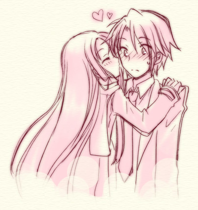 koizumi itsuki, tsuruya, suzumiya haruhi no yuuutsu, lowres, 00s, 1boy, 1girl, blush, closed eyes, formal clothes, heart, hetero, jacket, kiss, long hair, monochrome, necktie, pink theme, scarf, sketch, suit, sweat, very long hair