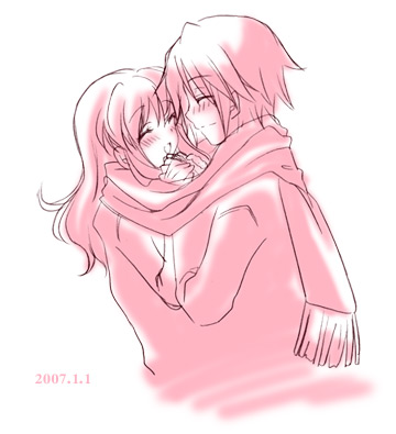 asahina mikuru, koizumi itsuki, suzumiya haruhi no yuuutsu, lowres, 00s, 1boy, 1girl, blush, closed eyes, couple, dated, hetero, long hair, monochrome, pink theme, scarf, shared clothes, shared scarf, short hair, smile