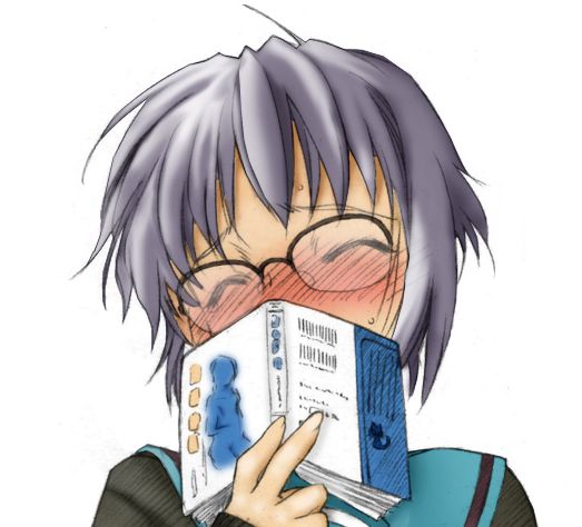 utatane hiroyuki, nagato yuki, suzumiya haruhi no yuuutsu, colorized, cropped, exif thumbnail surprise, 00s, 1girl, barcode, blush, book, closed eyes, female focus, glasses, holding, portrait, short hair, simple background, solo, sweatdrop, upper body, white background