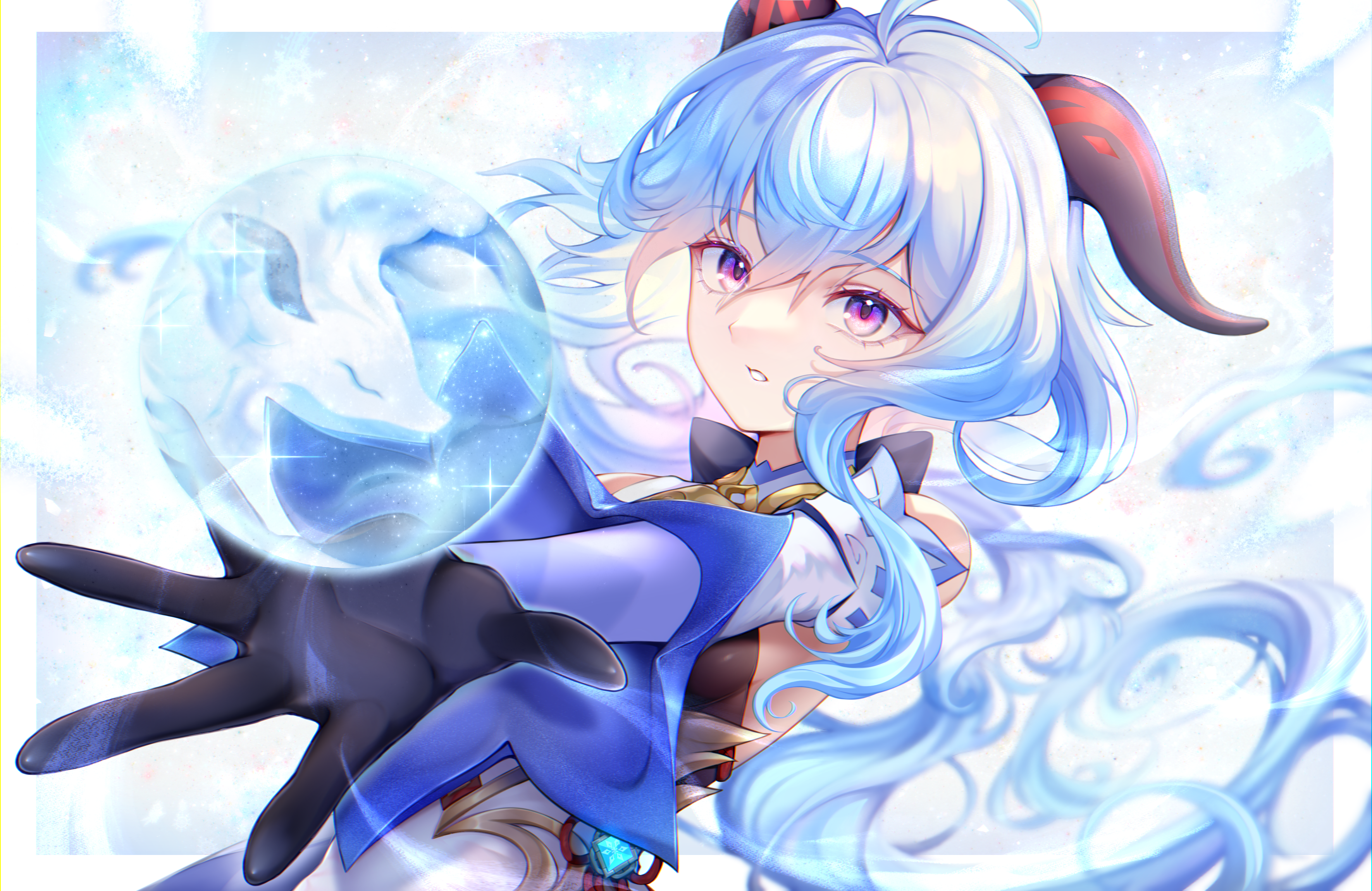 sukemyon, ganyu (genshin impact), genshin impact, absurdres, highres, 1girl, black gloves, blue hair, breasts, chinese knot, dutch angle, gloves, goat horns, hair between eyes, horns, leotard, leotard under clothes, long hair, looking at viewer, medium breasts, outstretched arm, purple eyes, solo