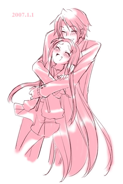 koizumi itsuki, tsuruya, suzumiya haruhi no yuuutsu, 00s, 1boy, 1girl, dated, hetero, hug, long hair, monochrome, pink theme, school uniform, serafuku, very long hair