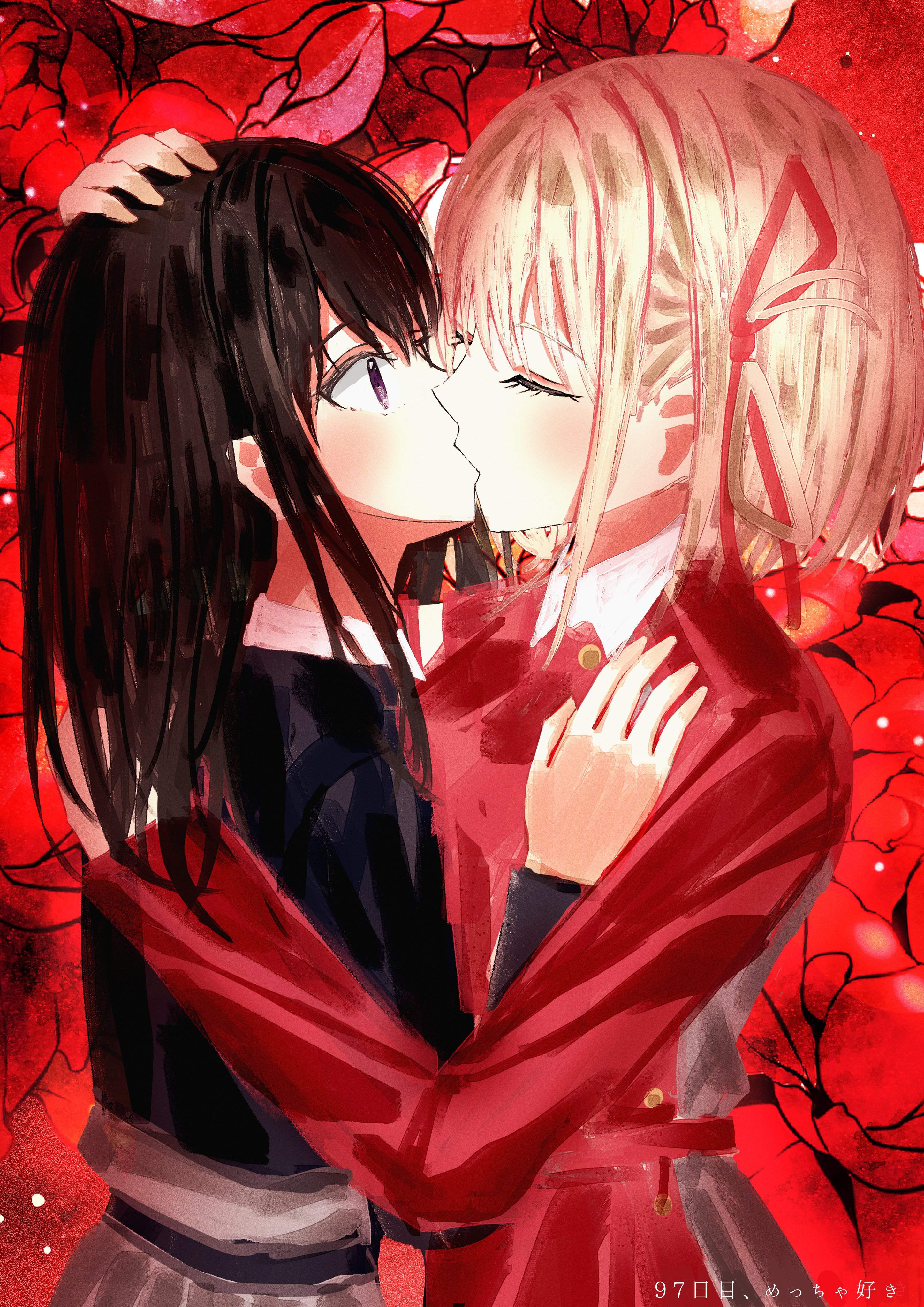 obake (amimonoobake), inoue takina, nishikigi chisato, lycoris recoil, absurdres, commentary request, highres, 2girls, black hair, blonde hair, blue jacket, blush, bob cut, closed mouth, cowboy shot, floral background, from side, grey skirt, hair ribbon, hand on another's back, hand on another's chest, hand on another's head, jacket, kiss, long hair, looking at another, lycoris uniform, medium hair, multiple girls, purple eyes, red background, red jacket, red ribbon, red skirt, ribbon, skirt, surprise kiss, surprised, yuri